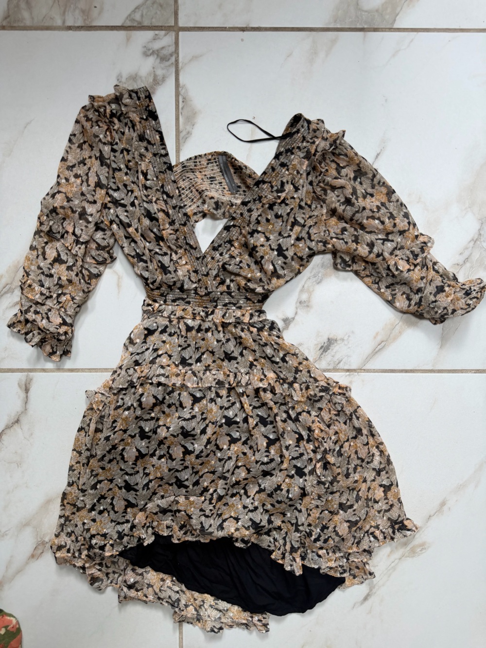 Anthropologie Black Floral Ruffle-Waist Dress